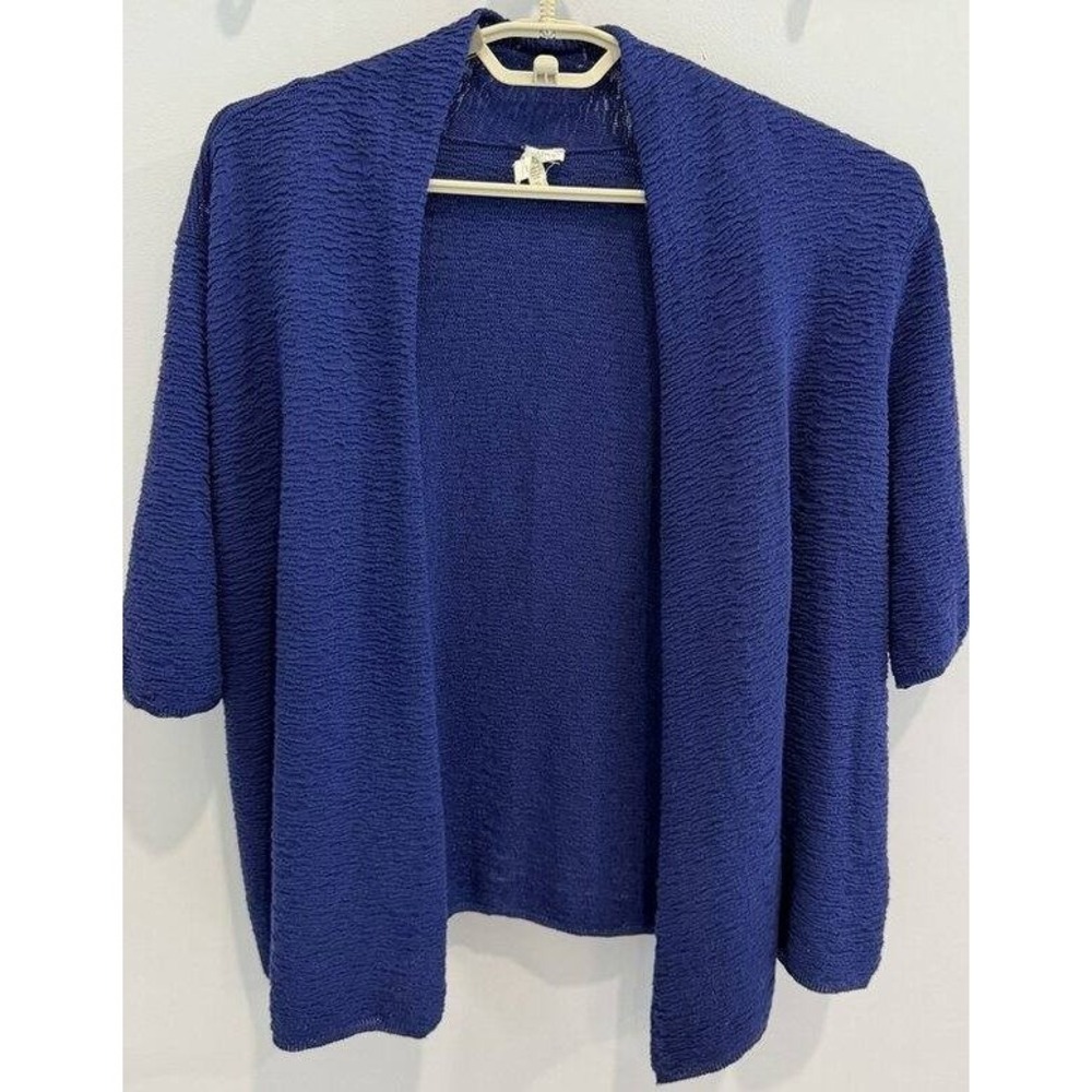Eileen Fisher Royal Blue Purple Open Front Cropped Linen Cotton Blend Textured C